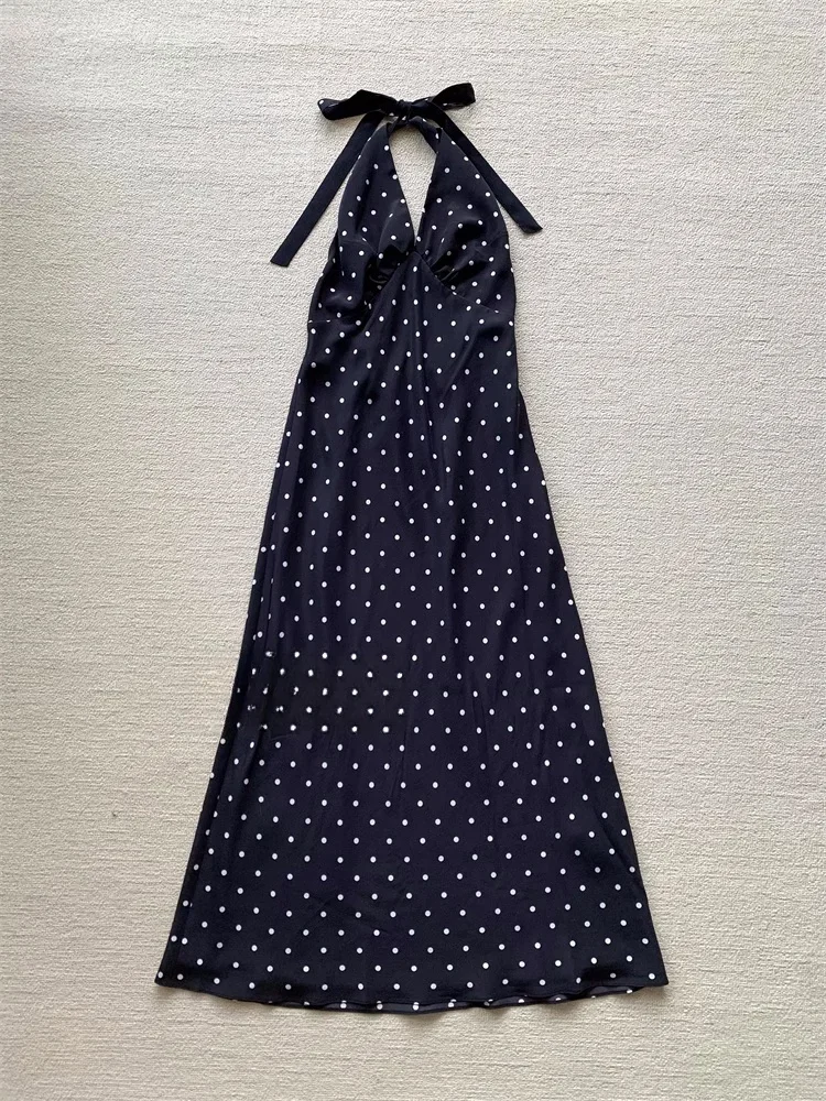 Robe longue en soie 100% pour femmes, col en V profond, col licou, jupe rétro, imprimé à pois, Sexy, Slim, dos nu, soie de mûrier, Maxi, été