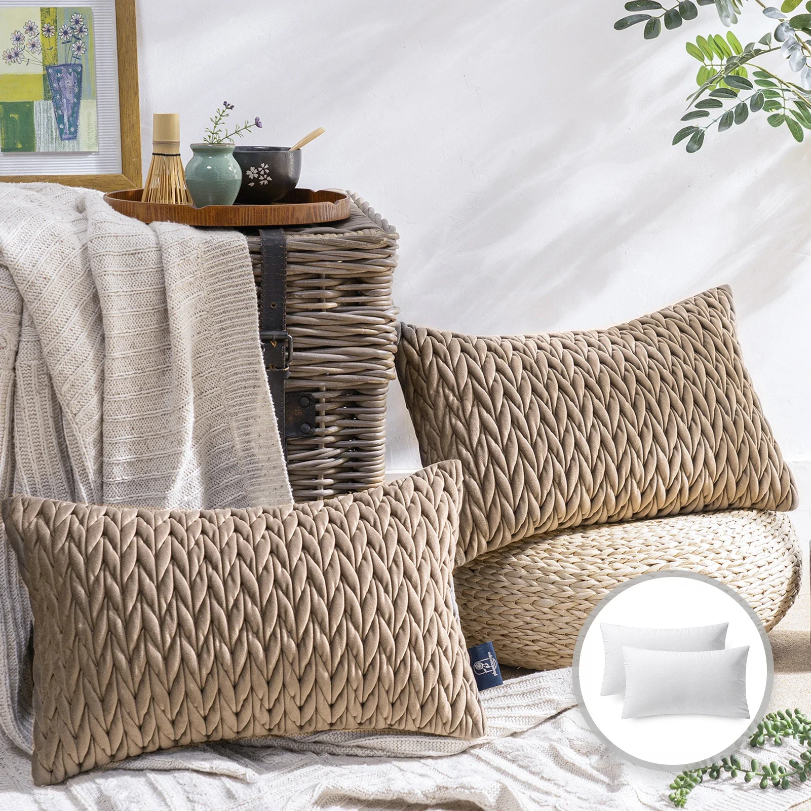 

Quilted Velvet Braid Textured Pleated Square Decorative Throw Pillow Cusion for Couch, 12' x 20', Light Brown, 2 Pack