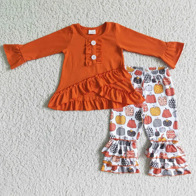 

New Summer Hot Sale Orange Pumpkin Print Baby Girls Long Sleeve Set Wholesale Boutique Children Clothing Outfits