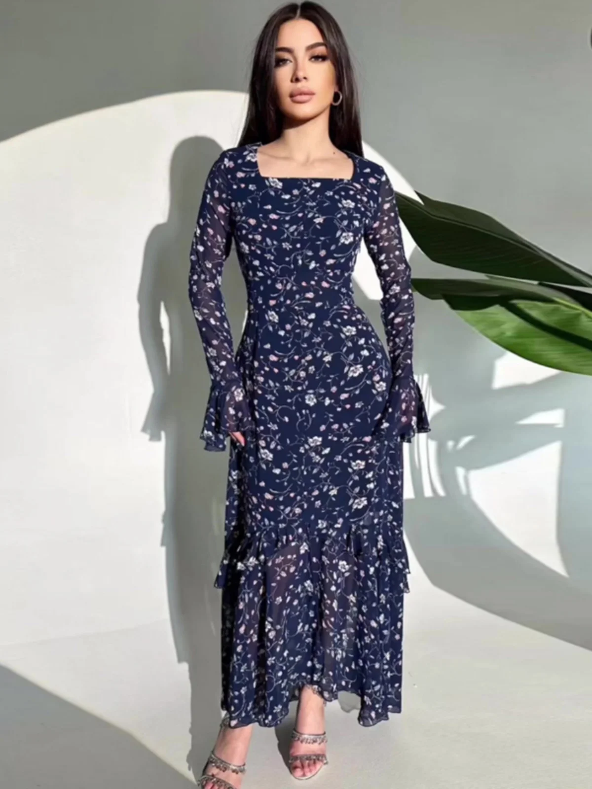 Ele Chiffon Gentle Print Dr Spring New Waist Cinching Slim Fit Square Collar Splicing Irregular Skirt Long Sve Dr