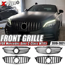 XVIP Chrome Diamonds Style Upper Grille For Mercedes Benz C-Class W205 C300 C250 C43 AMG 2019-2021 Glossy Black AMG Style Grille