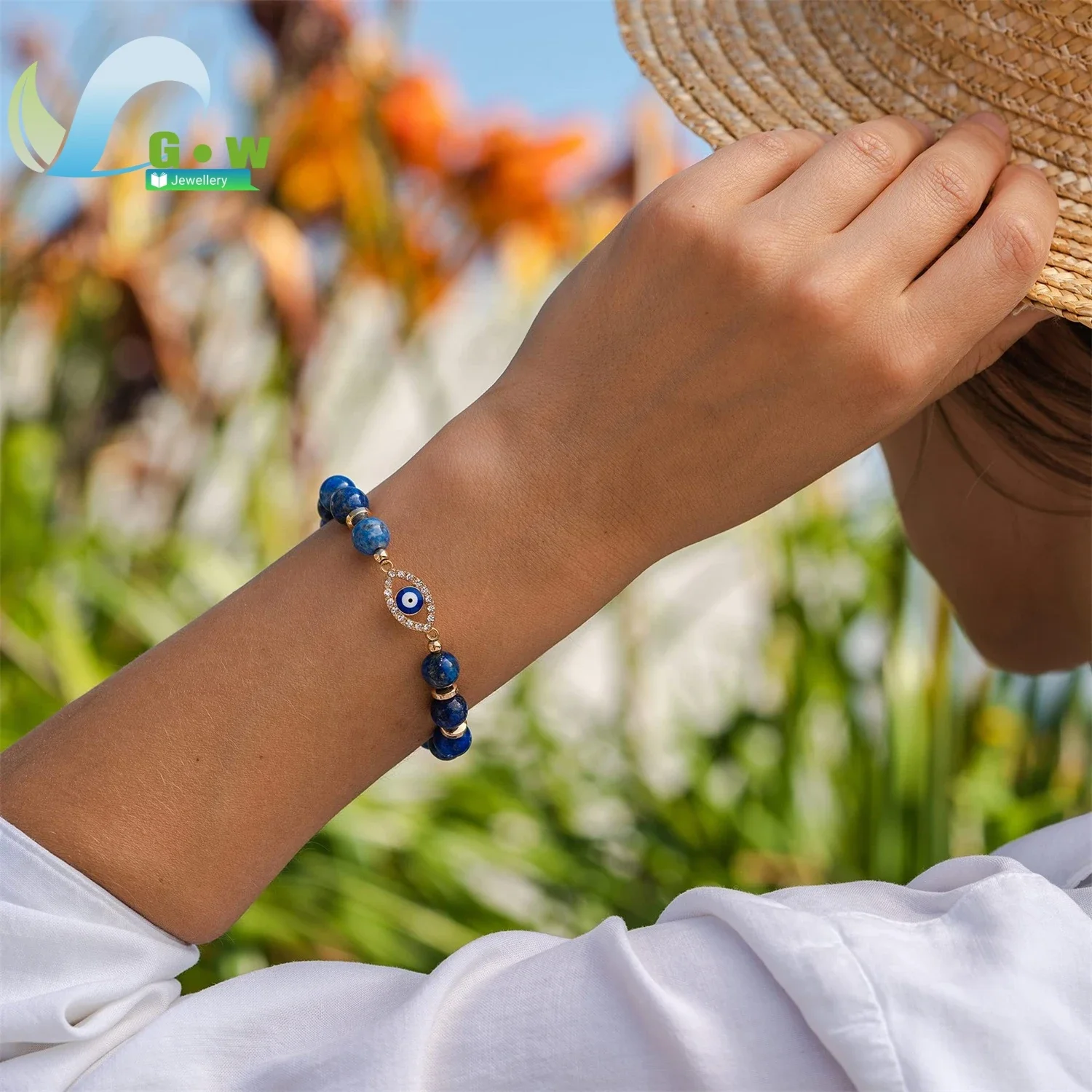 Evil Eye Beaded Bracelet Natural Lapis Lazuli Stone Adjustable Spiritual Jewelry for Unisex Protection Energy Blue Charm Gift