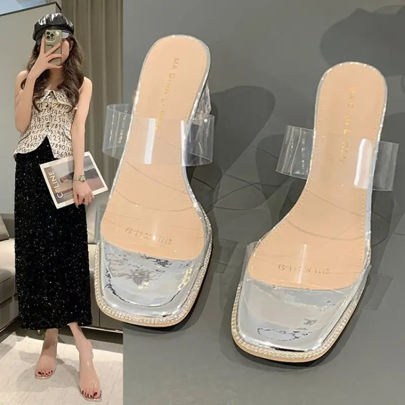 

Summer Slippers Women Wear 2024 New Summer Crystal Mesh Red Transparent Shoes Versatile Thick Heeled High-heeled Sandals Women's