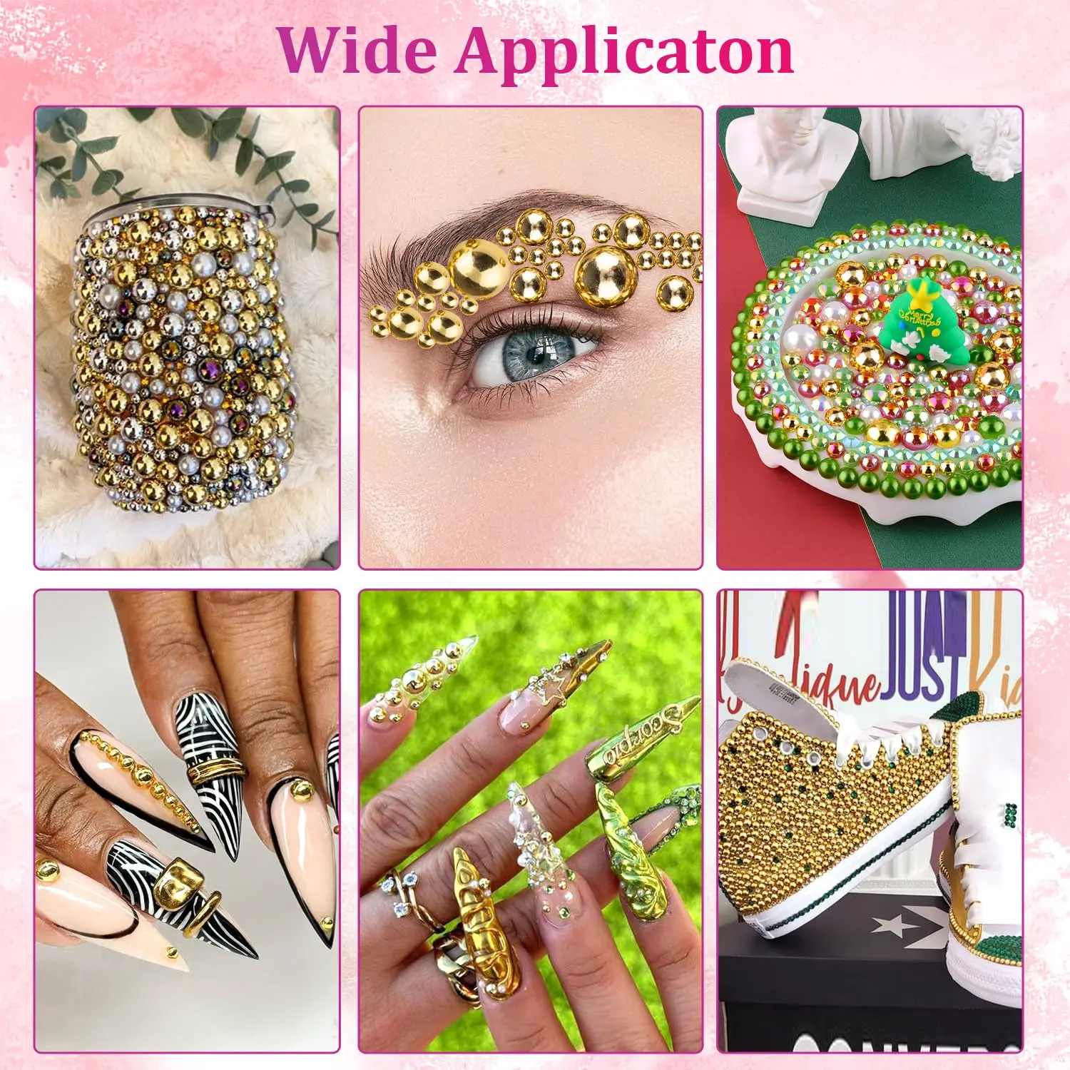12 grilles 3D or demi-rond perles breloques pour ongles 6 tailles demi-cercle perle Nail Art décor + 1 pince à épiler et stylo de ramassage accessoire de manucure à faire soi-même