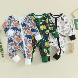 2023-10-24 Lioraitiin 0-12M Baby Boys Girls Romper Long Sleeve Zipper Crew Neck Taco/Fish/Dinosaur Print Fall Jumpsuit Clothes