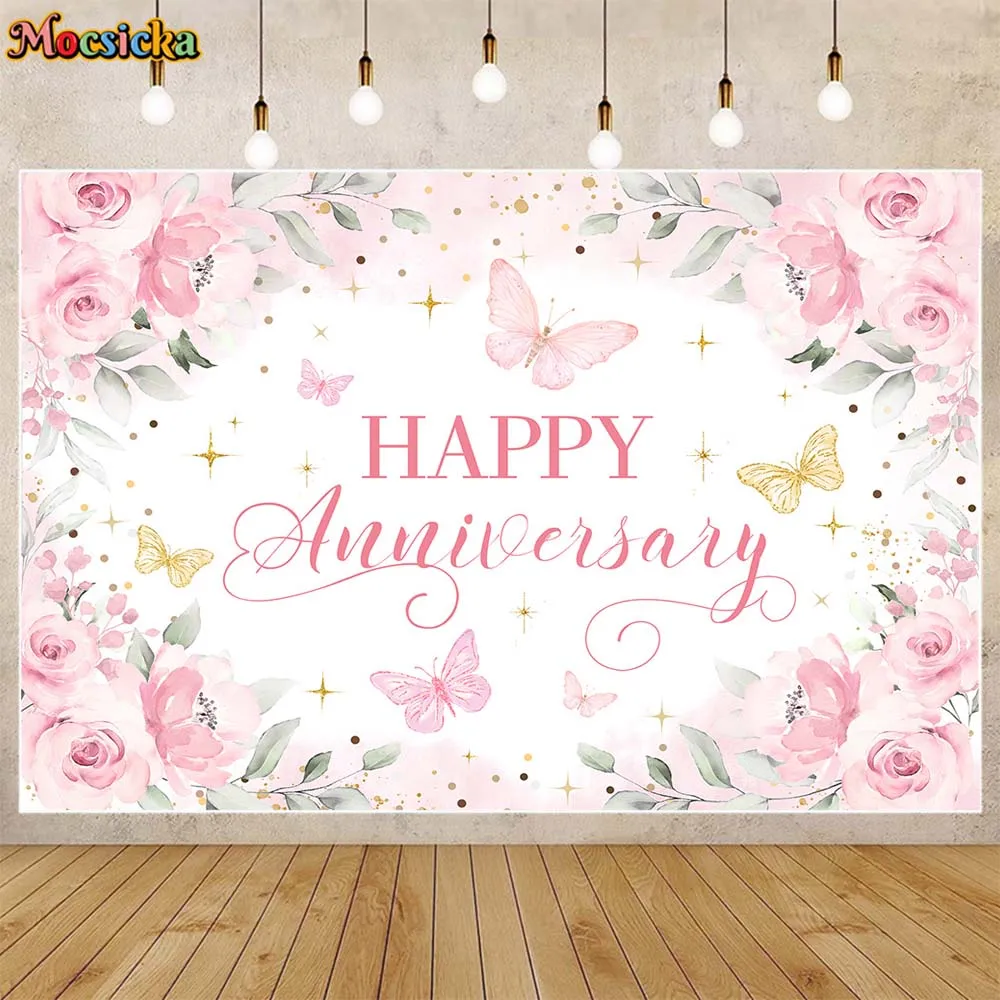 

Mocsicka Happy Anniversary Background Pink Flowers Butterfly Birthday Wedding Anniversary Party Decor Banner Photo Studio Custom