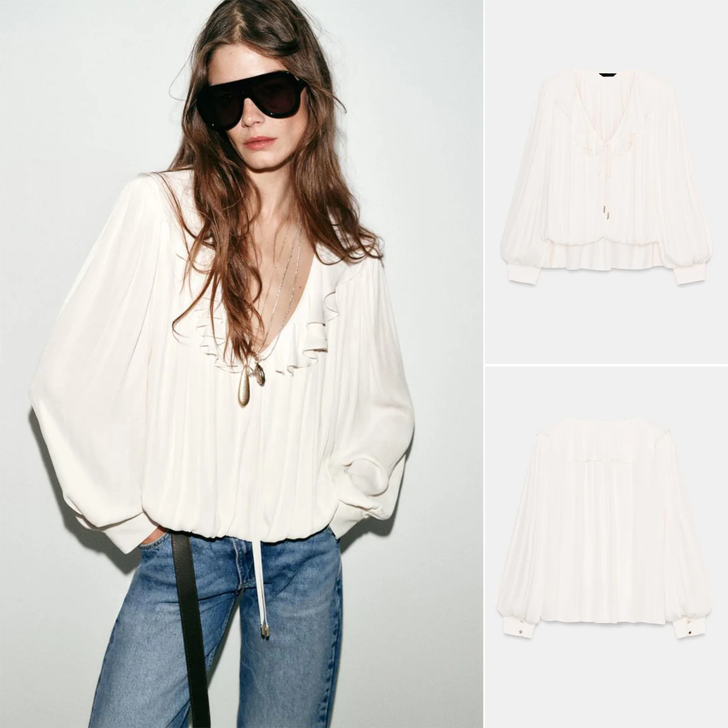 

Spring New Arrival Women's mat Sle Long Sve Deep V-Ne Padded oulder Layered Decoration Drapey irt