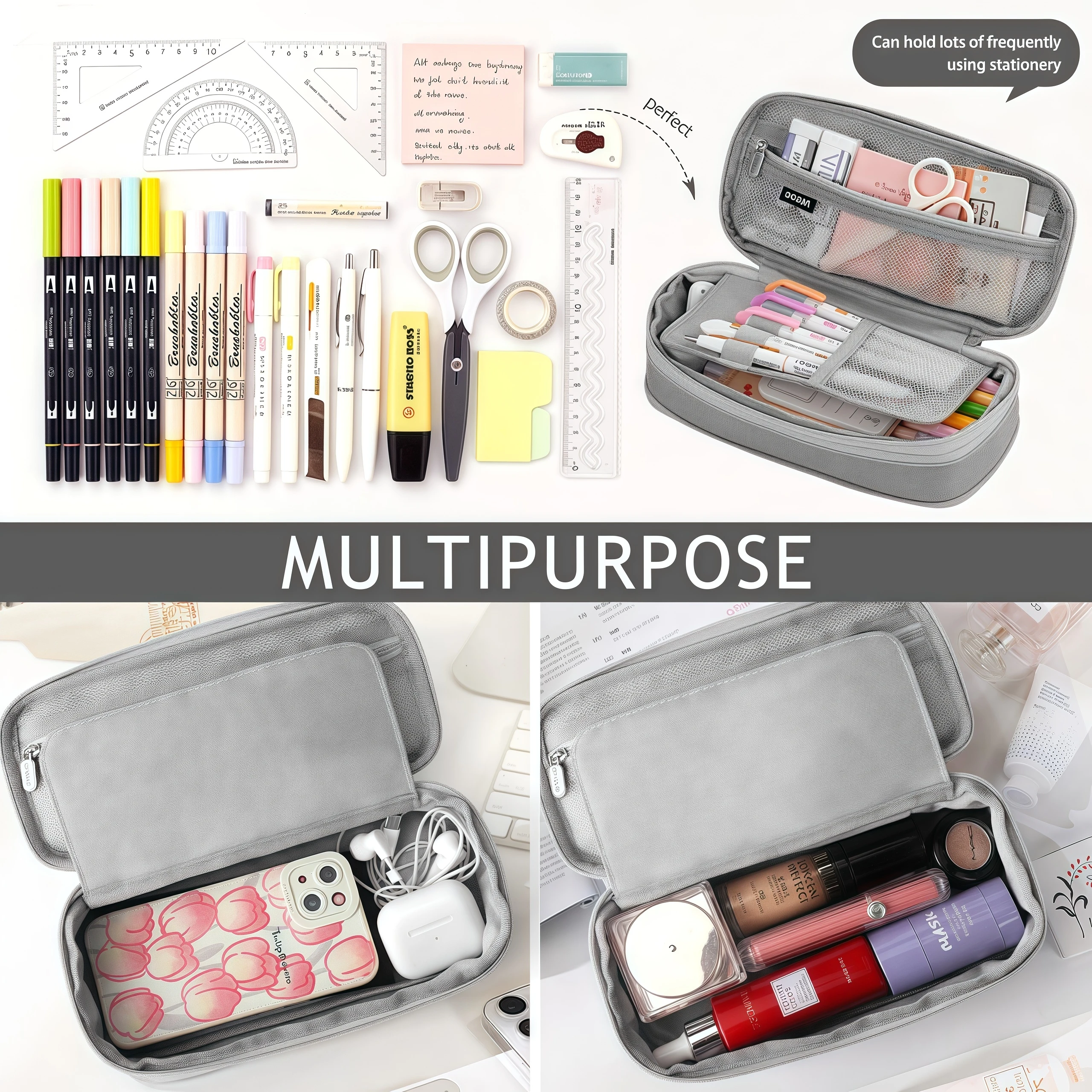 Multi-functional double-layer canvas pencil case, large-capacity waterproof stationery bag, perfect school supplies