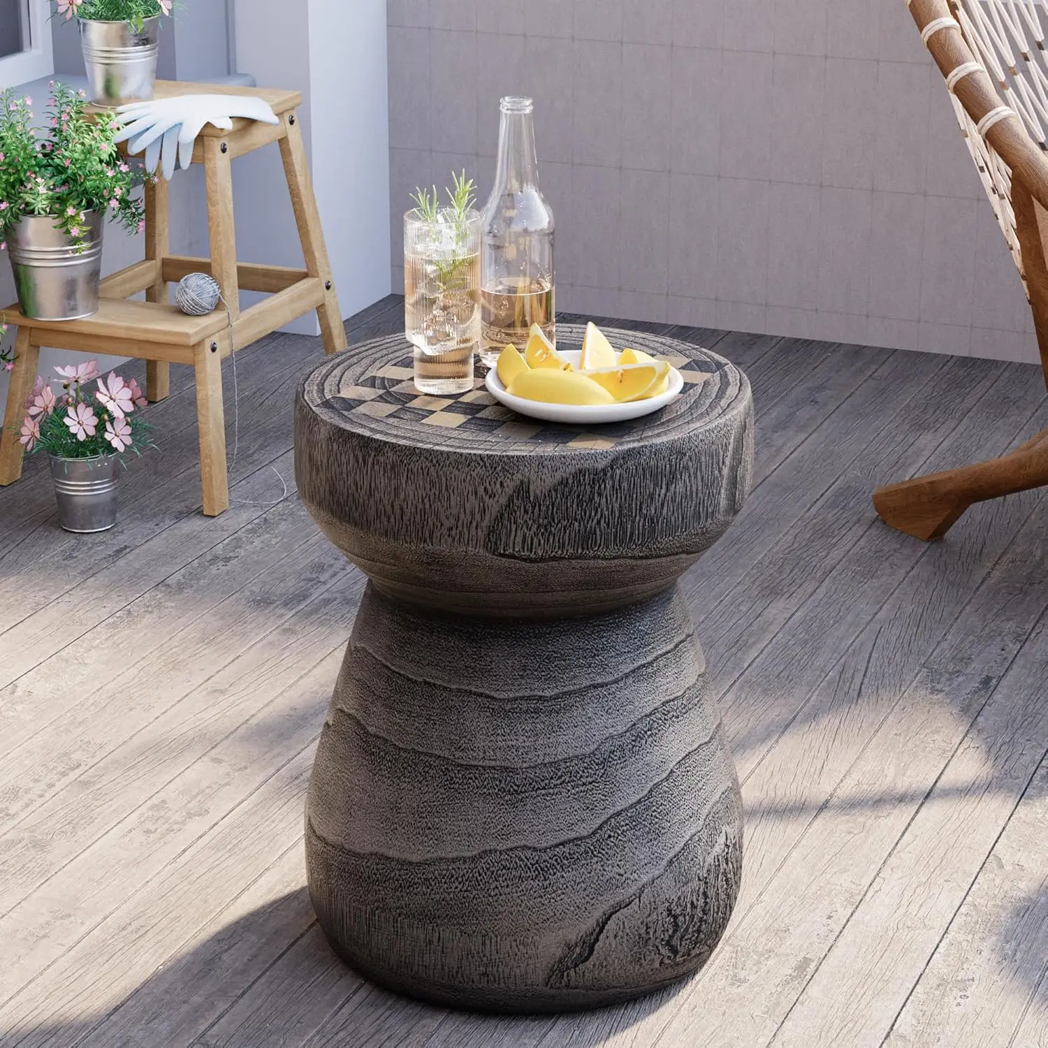 

Checkerboard Grain Concrete Mushroom Side Table Lightweight Round Indoor & Outdoor Patio End Table 17.7", Customized