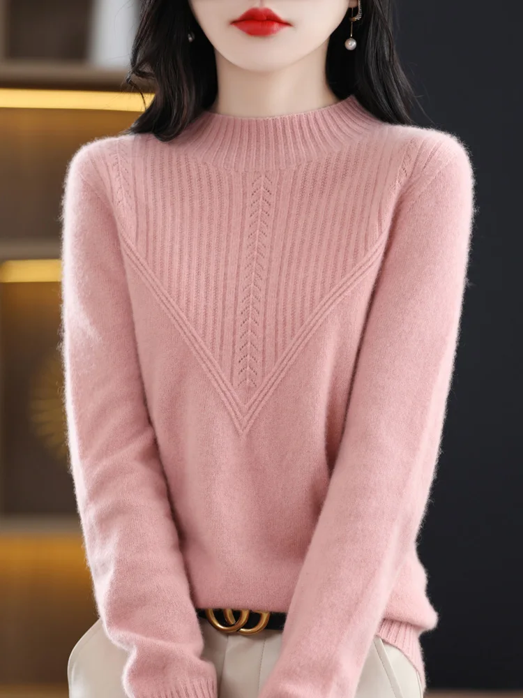 2024 Autumn Winter Women Pure Merino Wool Sweater Striped O-Neck Pullover Knitwear Casual Basics Cashmere Clothing Tops