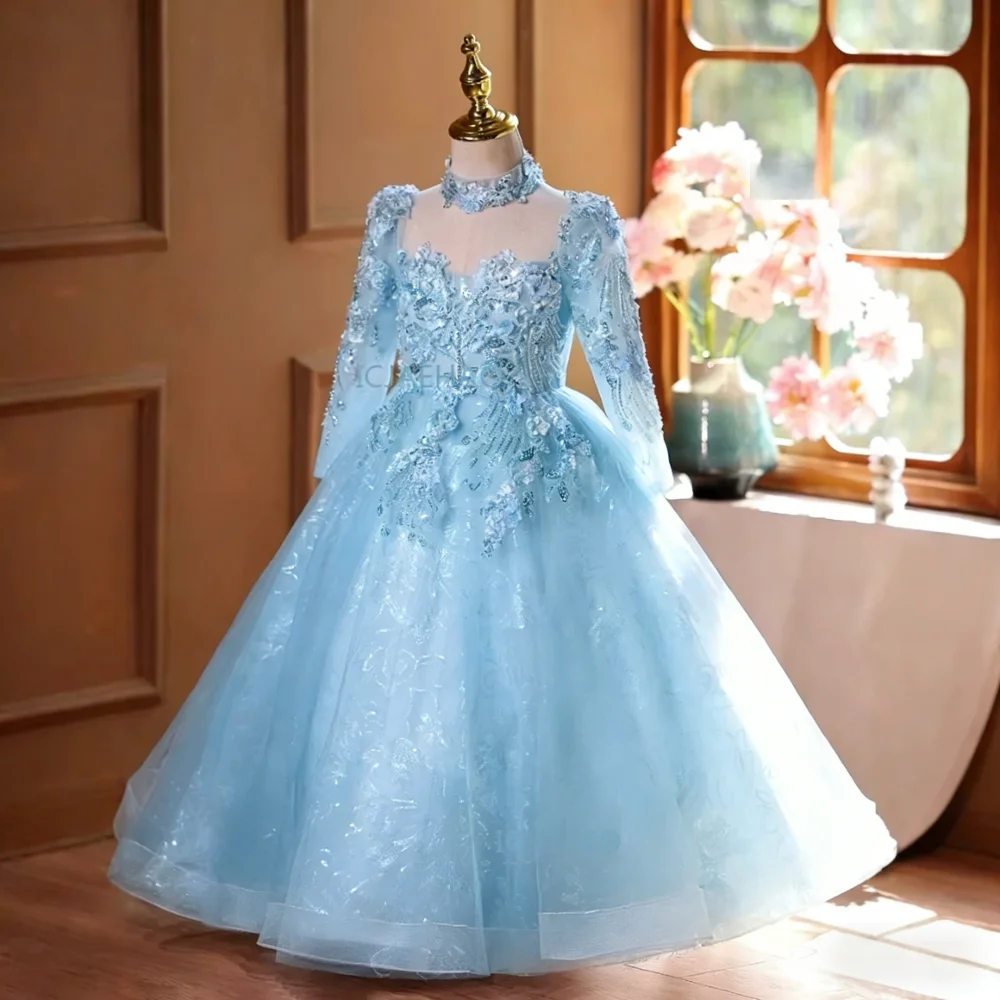 

Long Sleeve Princess Birthday Party Dress Gown Celebration Children Elegant Outfit Girls Host Pageant Piano Recital Performance