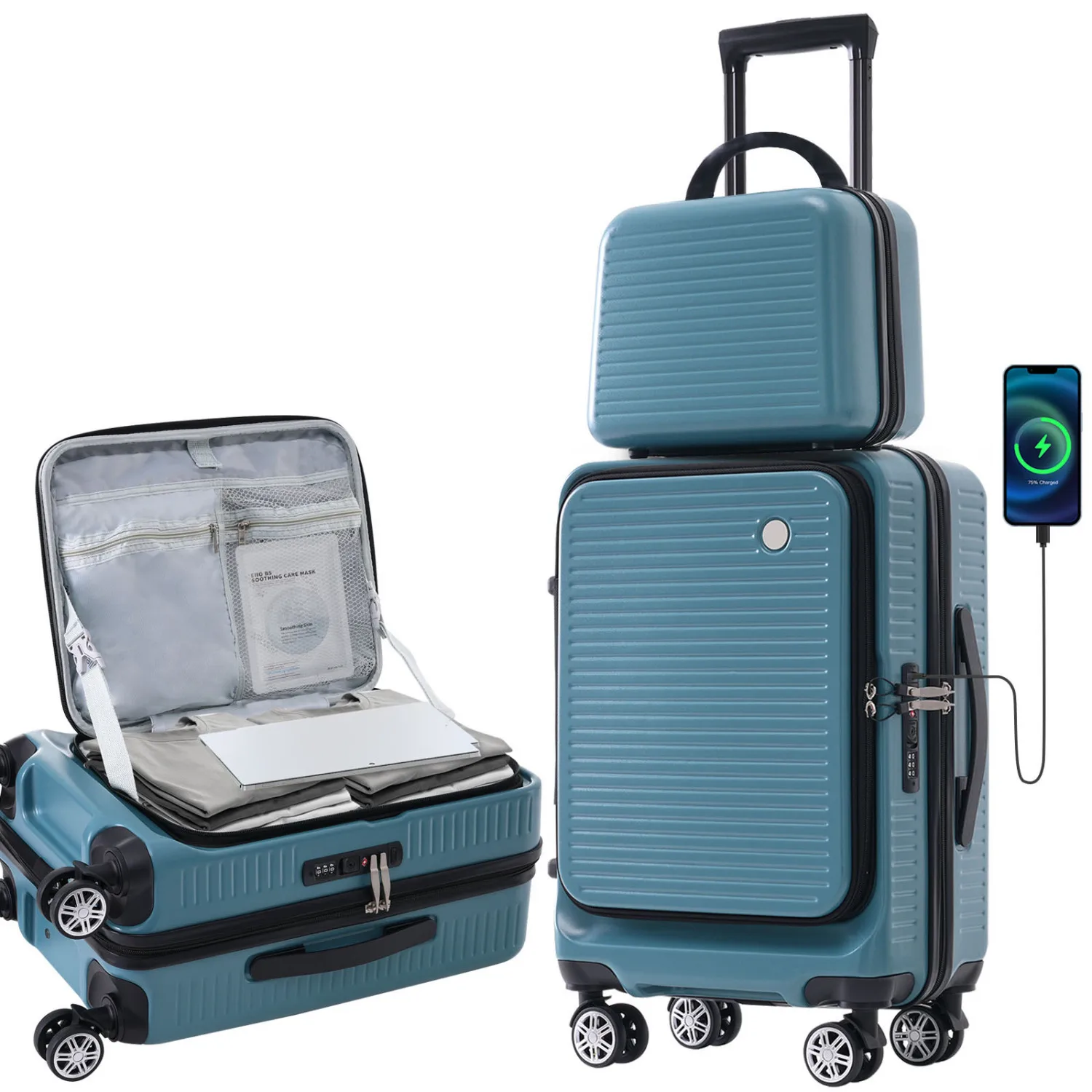 

Front Open 20" Carry-on Luggage Lightweight Suitcase with Front Pocket, USB Port & Portable Carrying Case