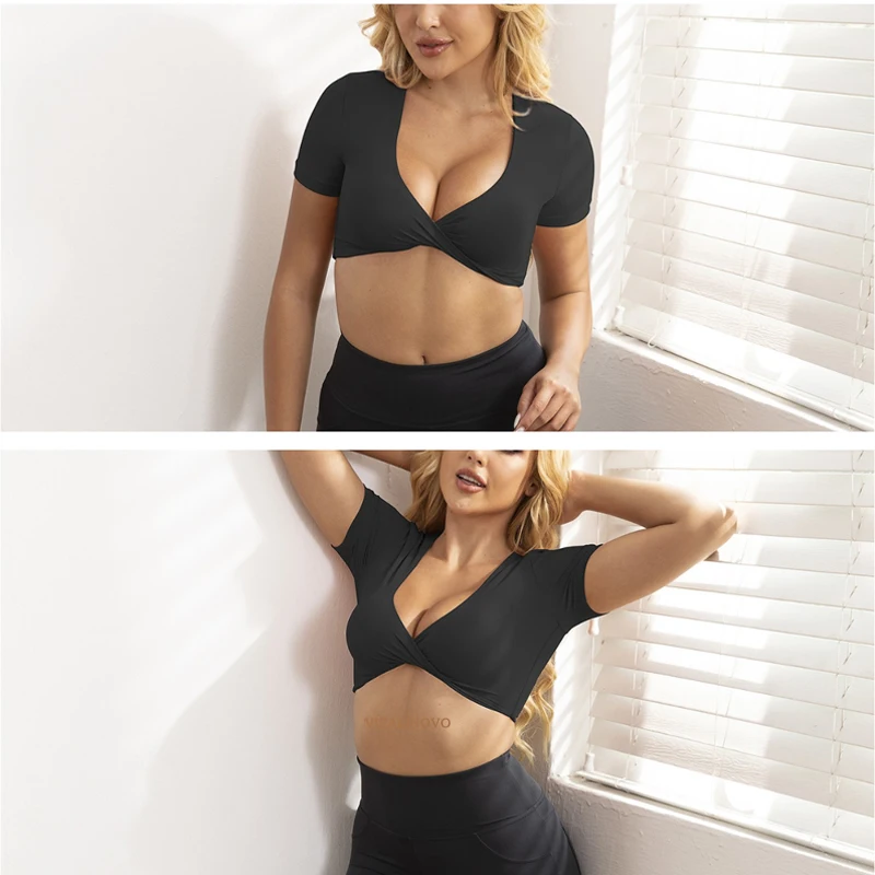 Vital inovo Kurzarm Crop Tops für Frauen Twist Front Crop Tank Top Yoga Laufen gepolsterte Sport-BH Casual Shirts Workout Tops – Detail 8