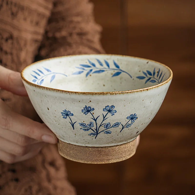 

Handmade Stoneware Footed Rice Bowl Vintage Ceramic Dessert Dish for Home Restaurant