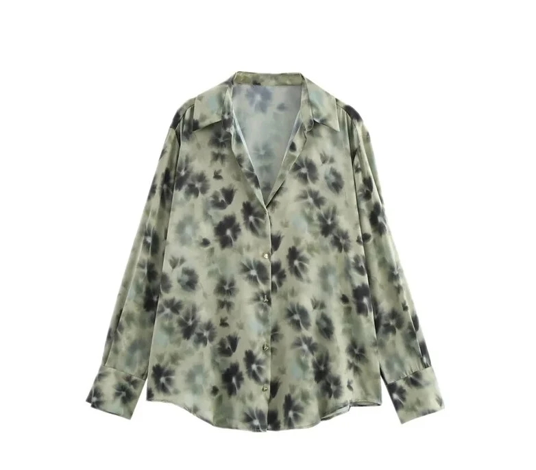 

Floral Silk Satin Feel irt Spring New Women's Faion Loose Long Casual Busin Top