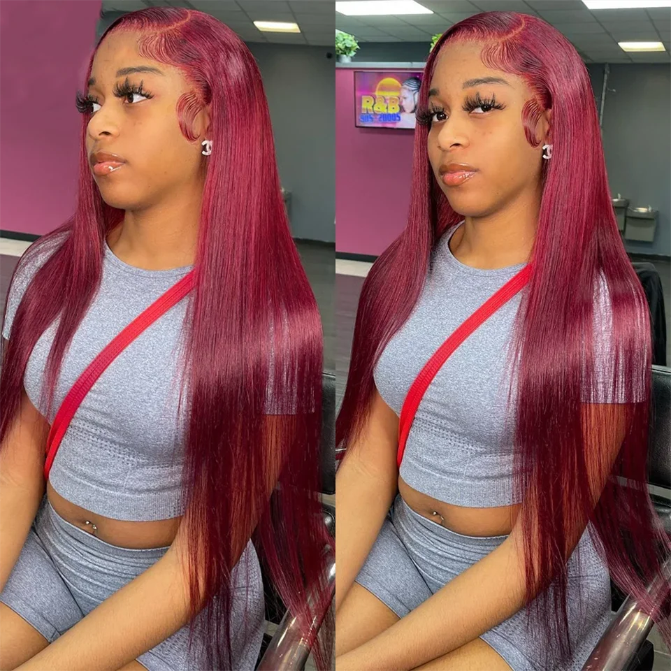 

13x6 Burgundy 99J Straight HD Lace Front Wigs Human Hair Transparent Lace Frontal Wig Red Colored Brazilian Human Hair For Women