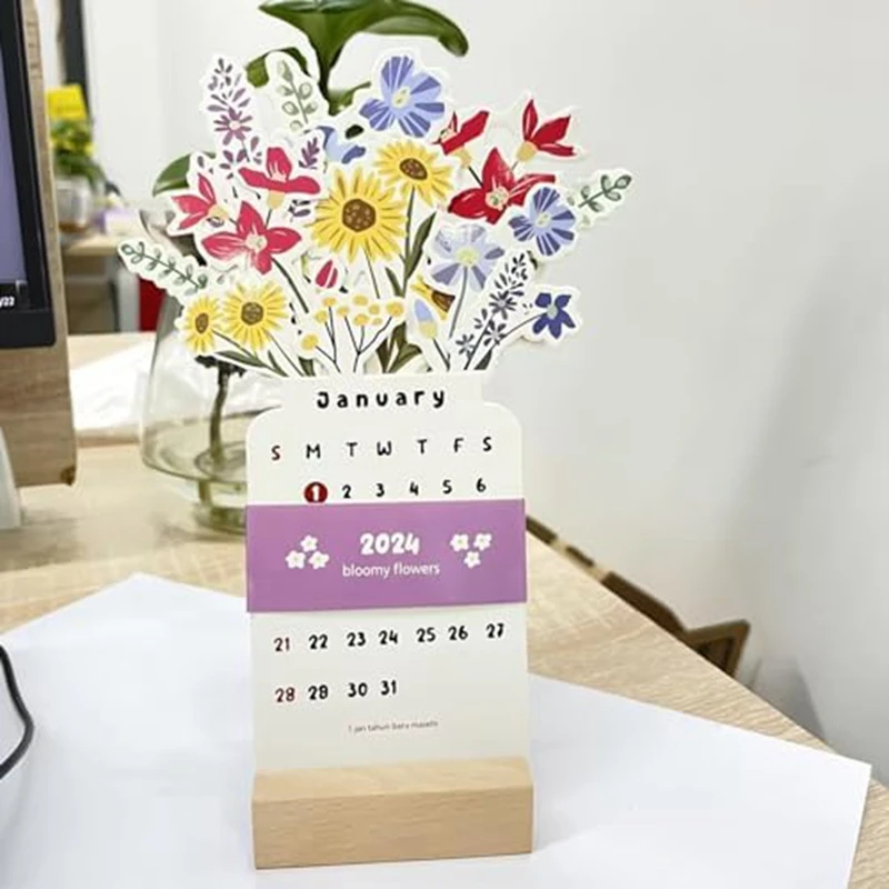 2024 Flowers Desk Calendar Flower Small Desk Calendar Flower Desk Calendar Planner Vase Shaped Monthly Calendar Planner