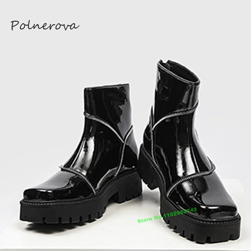 Newest Patent Leather Men's Middle Boots Black Round Toe Thick Sole Fringe Boots 2023 Autumn Party Runway Shoes Fashion Leisure