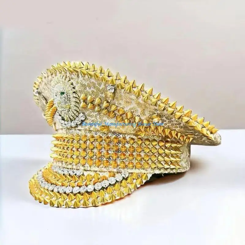 

E56A Unique Gold Lion Studded Captain Hat For Music Festival Theme Event Gathering