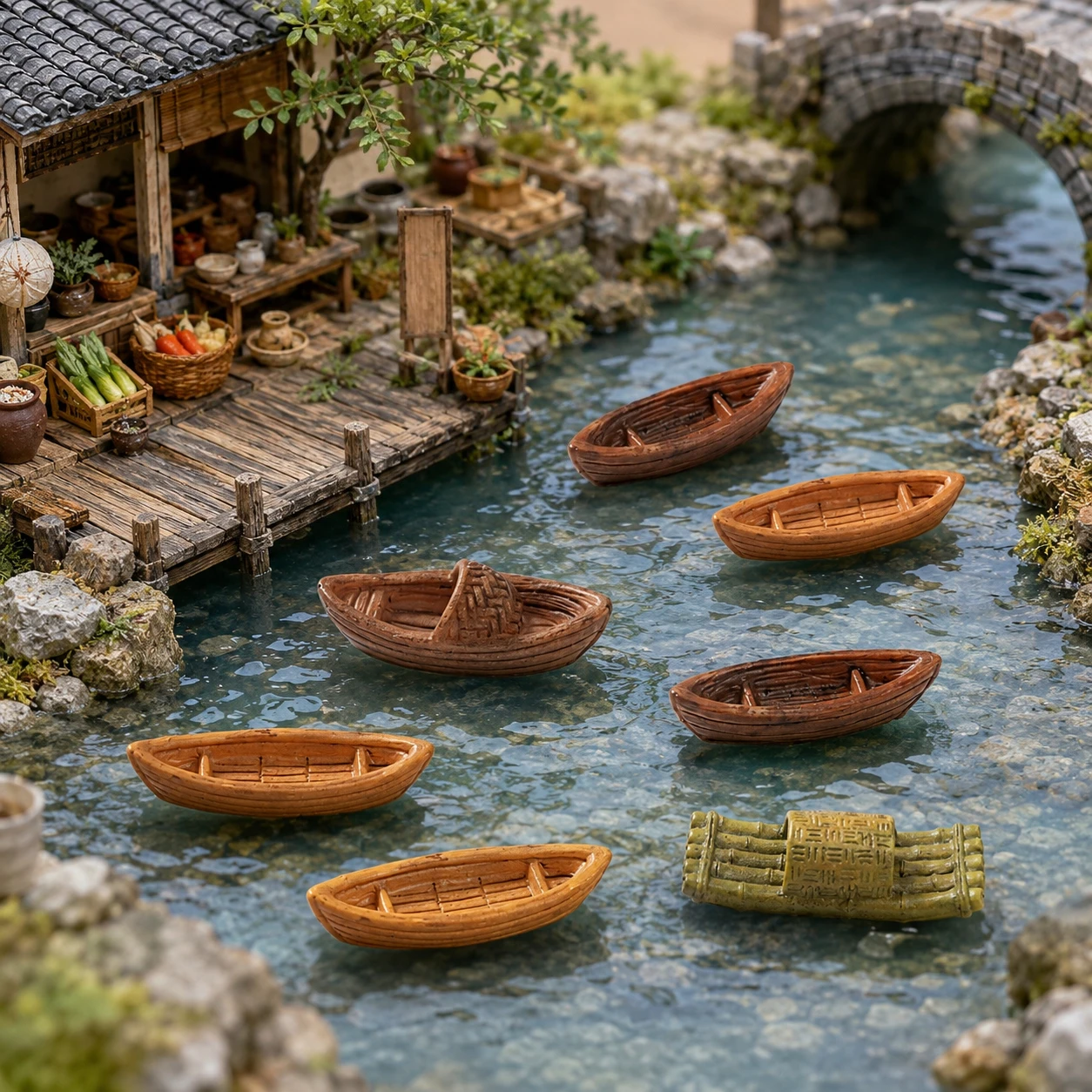 7pcs Random Miniature Boat Model Set, Realistic Small Kayak Raft Small Water Feature Decoration, Retro Small Canoe