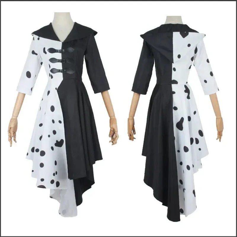 Cosjie Cruella De Vil Cosplay Costume Women Gown Black White Maid Dress With Gloves Hoodie Skirt Wigs Outfits Halloween Party Co