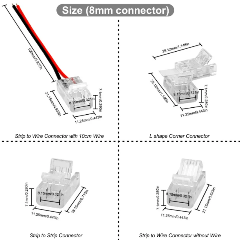 5/10/20 sztuk 2pin COB złącze taśmy LED przedłużacz przewodu zacisk bezlutowy klamra szeroka 8mm/10mm dla 2835 5050 SMD COB złącze