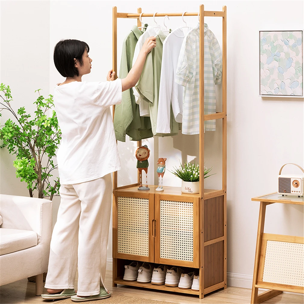 

Extra Tall Bamboo Garment Rack Heavy Duty Coat Stand Wardrobe with Storage Shelves Shoe Shelf