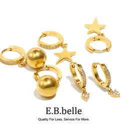 E.B.belle Five pointed Star Heart Water Drop Metal Ball Zircon Earrings 18K Gold Plated Gift 316L Stainless Steel Jewelry