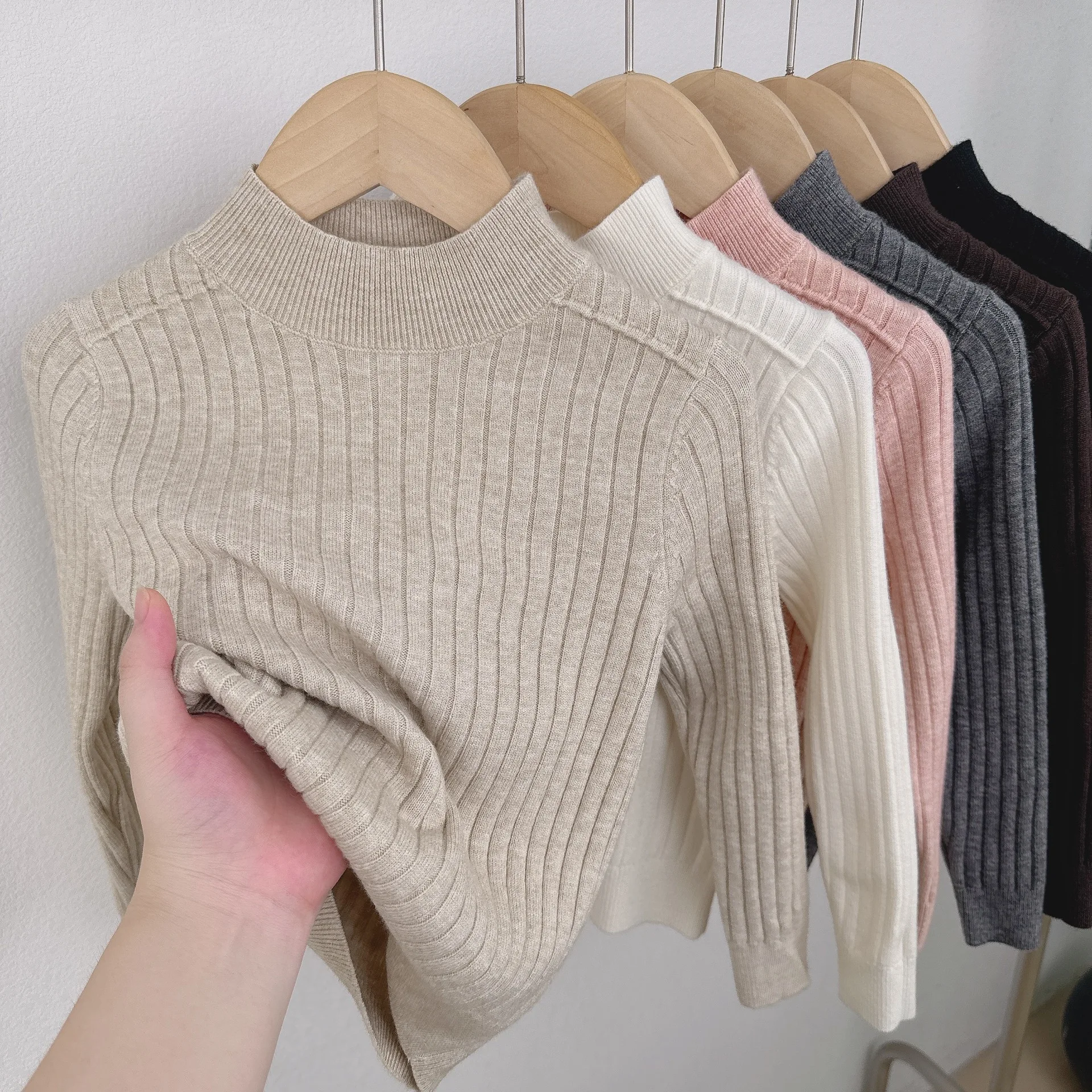 Baby Boys Girls Semi-High Neck Turtleneck Sweater Long-Sleeved Woolen Pullover Soft Cozy Ribbed Knitted Warm Comfortable Garment