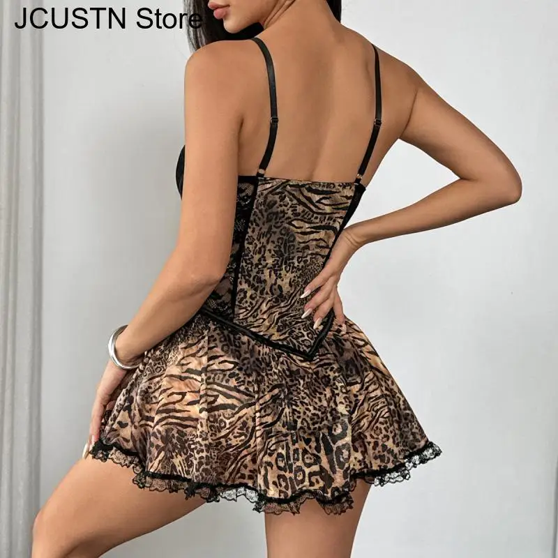 Leopardenmuster Camis Kleid Frauen Sexy Patchwork Spitze Saum Rückenfrei Geburtstag Urlaub Mitternacht Clubwear Chic Y2K Figurbetontes Kleid