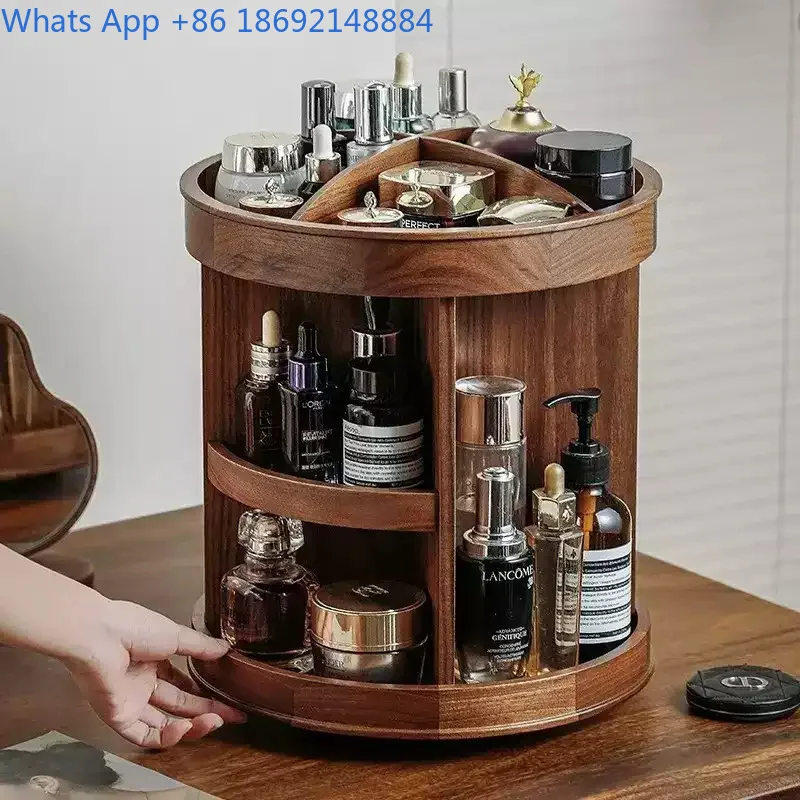 

Wooden Makeup Organizer Rotating Storage Box for Dressing Table Large Capacity Multi Functional Desktop Holder Walnut Color