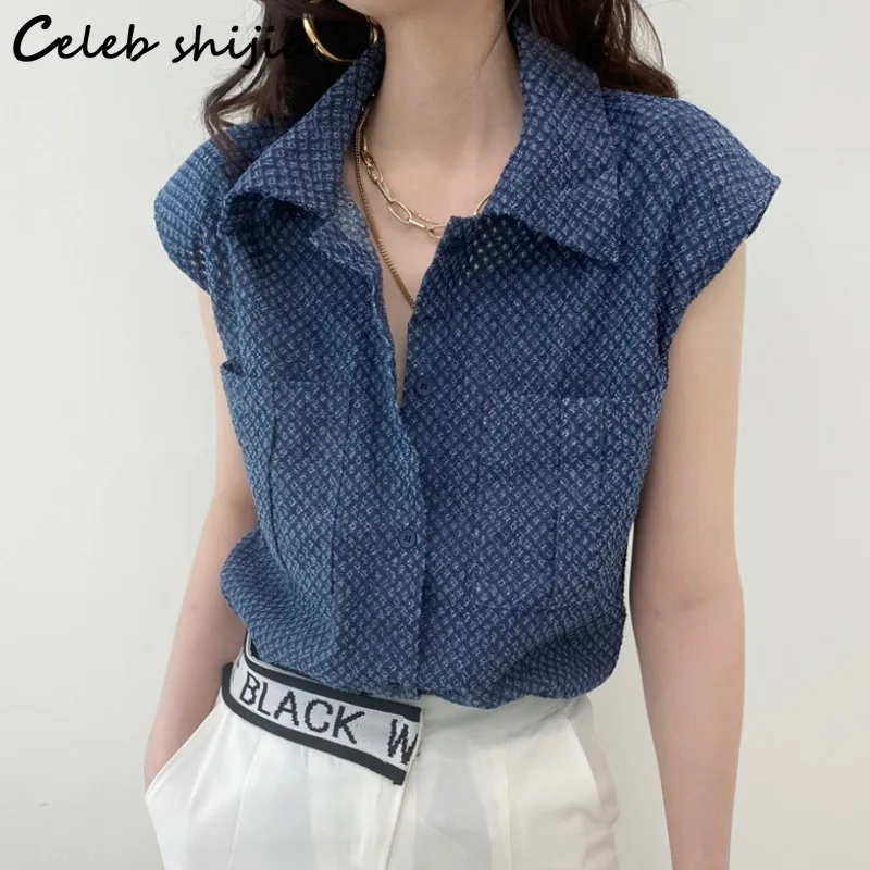 

Blue Denim Women Shirt Chic 2023 Summer Single Breast Vintage Cropped Tops Women Korean Streetwear Elegant Cardigan Denim