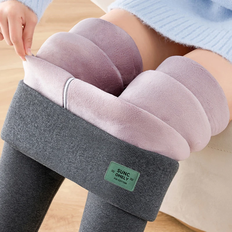 

Autumn Winter High Waist Thermal Pants Women Solid Color Thicken Plush Warm Leggings Woman Elastic Slim Cotton Pants Female