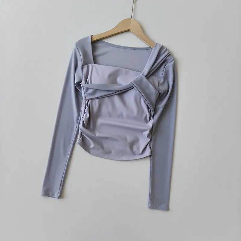 Damen Herbst-Winter Yoga Mesh Atmungsaktives Lauf-Sport-Langarm-Crop-Top mit Brustpolstern, Hochwertige Fitness-Oberteile – Detail 10