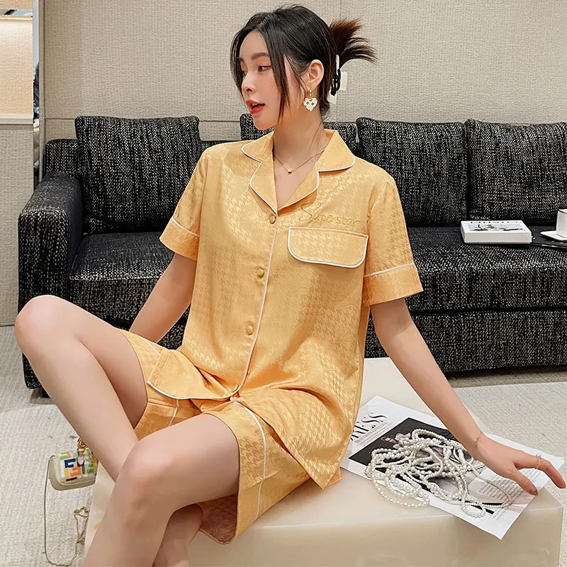 

Summer new short-sleeved ice silk pajamas suit women's high-end satin ladies nightclothes diamonds fashion home wear for sleepwe