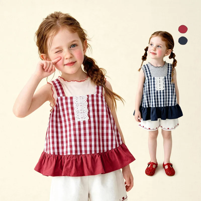

Tongbei Children's Clothing2026New Summer Two-Piece Outfit for GirlsTPlaid Knit Patchwork Artistic Top Set
