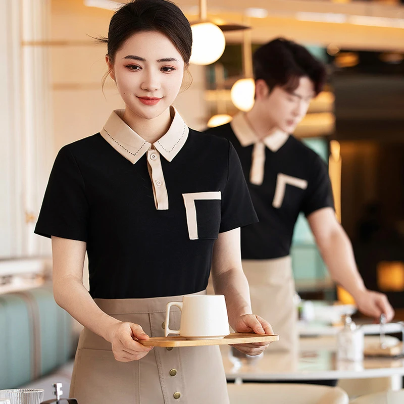 女性用夏用半袖ウェイター作業服、ホテル、レストラン、鍋料理店、茶屋用ケータリングユニフォーム