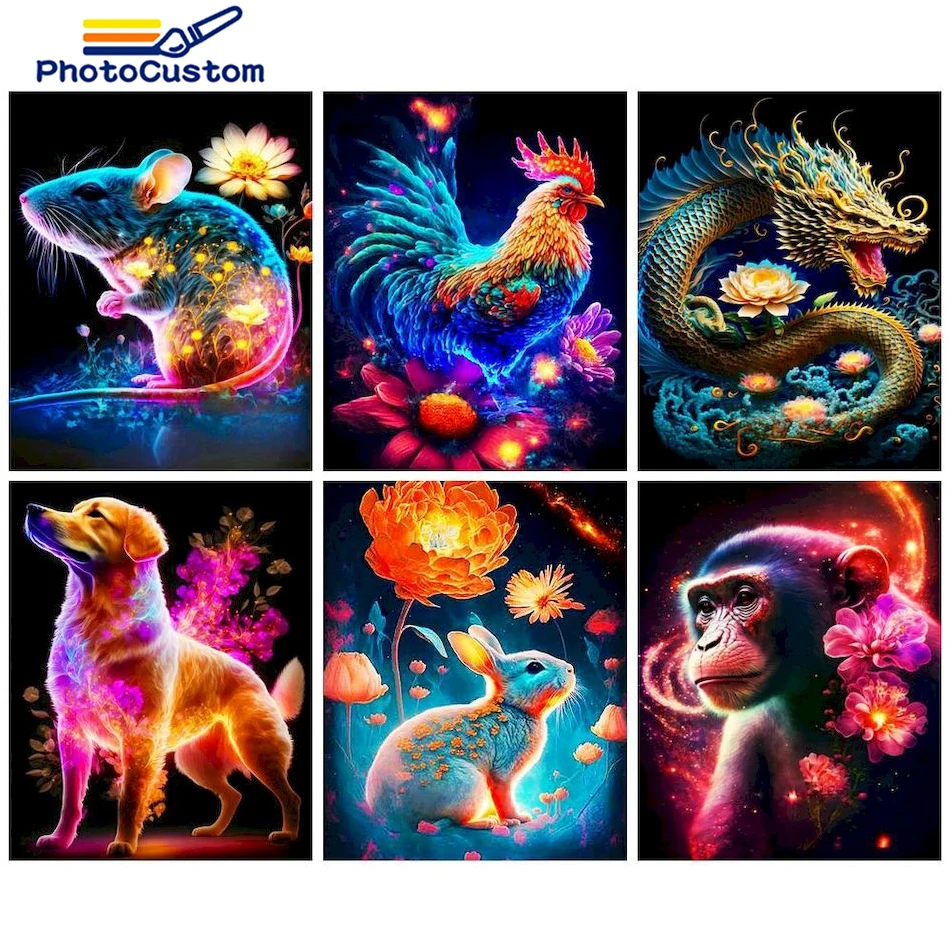 PhotoCustom Oil Painting By Numbers Colorful Animal Diy Acrylic Paint Landscape Adults Kit Coloring By Numbers For Home Decors A