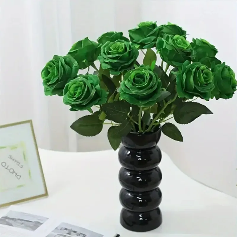 6 Stück/12 Stück dunkelgrüne Seidenrosen, künstliche Blumen für Zuhause, Hochzeitsdekoration, gewölbte Blumen, Wanddekoration, Valentinstagsgeschenke – Detail 3