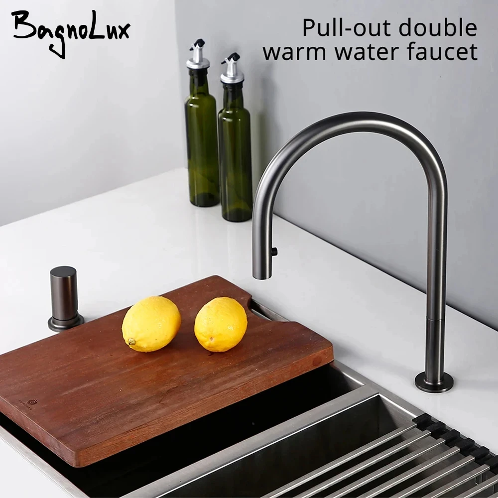 Pull Down Kitchen Sink Faucet Brushed Gunmetal Black Single Handle Double Hole Hot And Cold Sprayer Brass Countertop Mounted