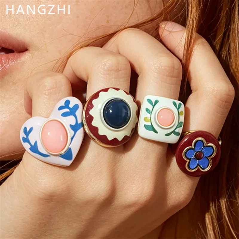 Новое винтажное элегантное геометрическое круглое эмалевое кольцо HangZhi с цветком и сердцем, в деревенском этническом стиле, для женщин