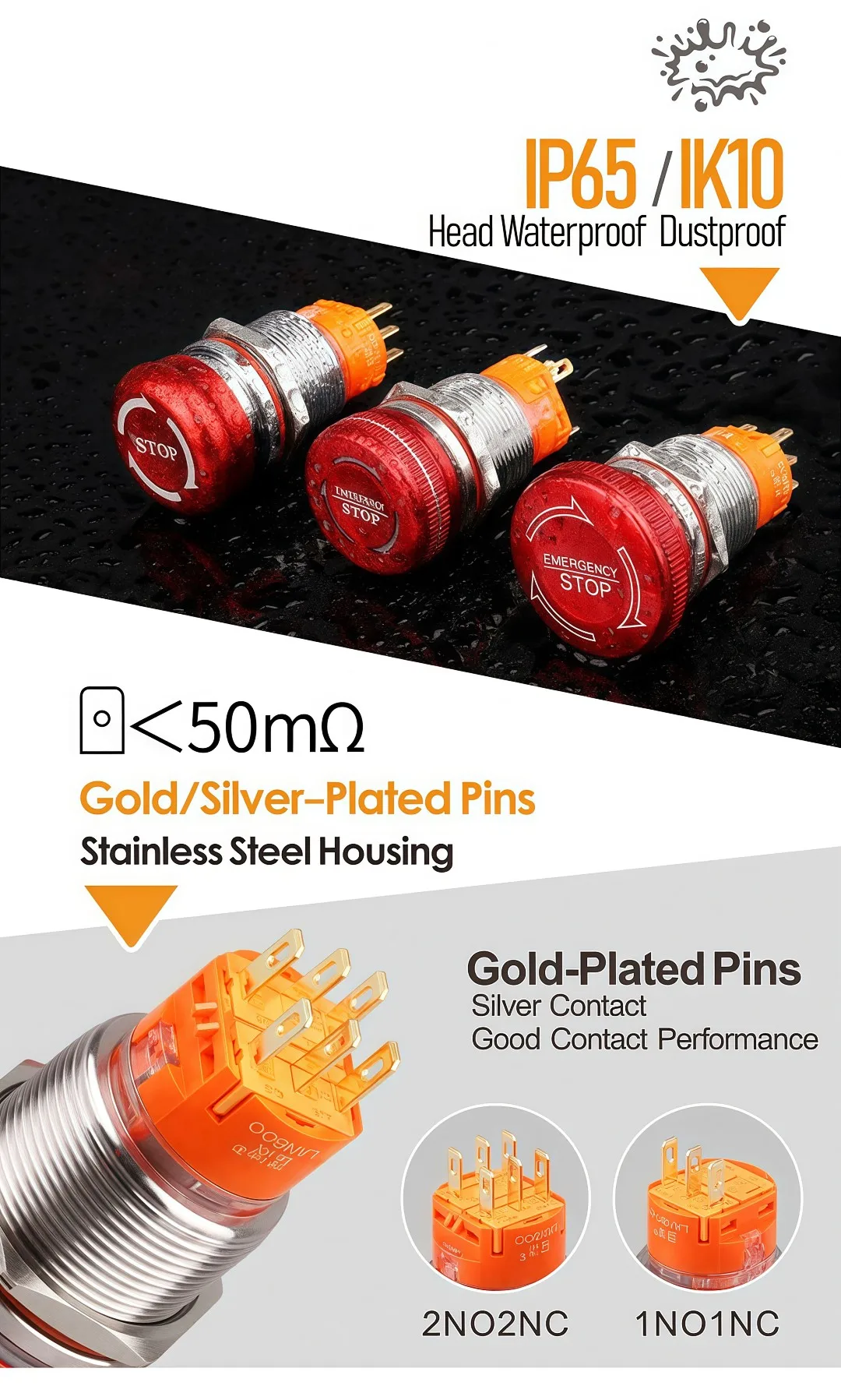 LANBOO 19/22 mm roter Not-Aus-Knopfschalter mit Pilzkopf, wasserdichtes Aluminium – Detail 7