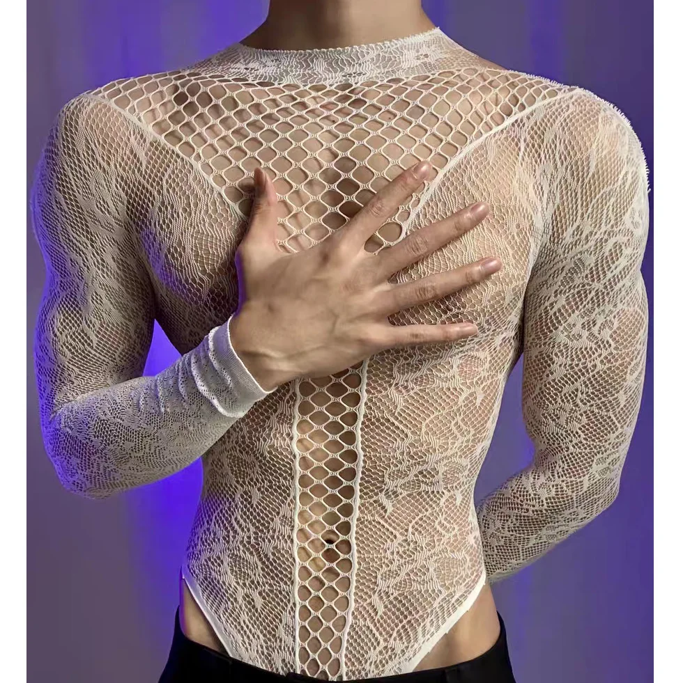 Summer Men's Mesh Tank Transparent Full Sleeves Round Neck T-shirt MenWomen Comfortable Breathable Bodysuit Trend Party Clothing image 3