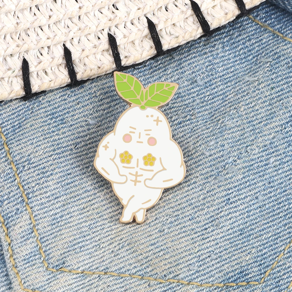 Anime Ginseng Fruit Brooches Pins Fitness Muscular Male Elf Enamel Pin Metal Badges Clothes Lapel Bag Hats Jewelry Gifts for Men