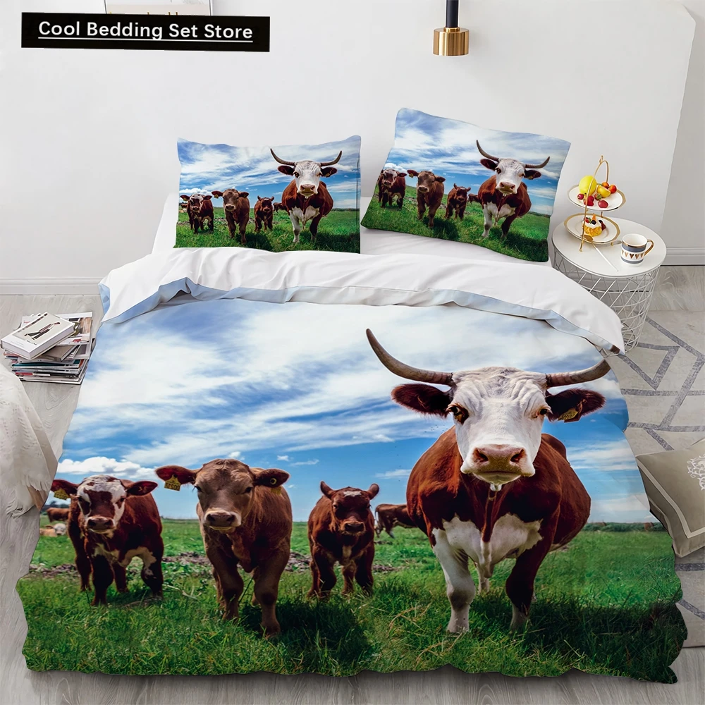 Cow Herd Pattern King Queen Bedding Set Highland Bull Farm Animal Duvet Cover Dairy Cattle Comforter Cover Polyester Quilt Cover