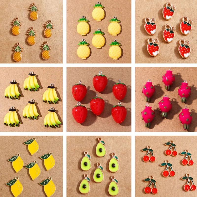 10pcs Cute Enamel Fruit  Charms for Jewelry Making Cherry Pineapple Banana Apple Charms Pendants for DIY Necklaces Earrings Gift