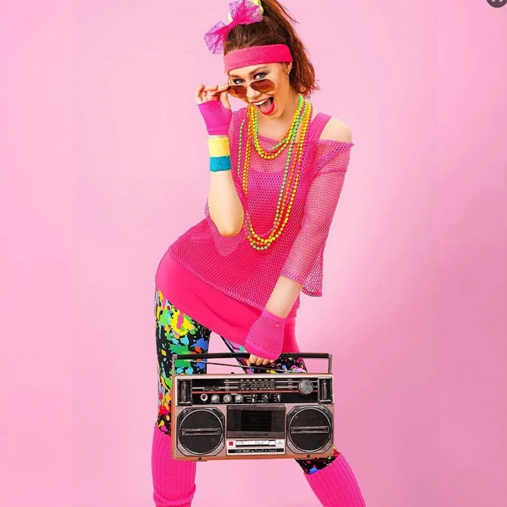 80's Prom Party Outfit Set for Women - Mesh Top, Leggings and Accessories for Cosplay and Dress Up