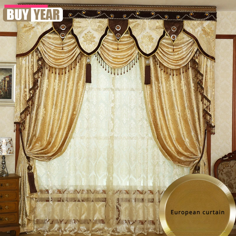 

Luxury European High-precision Bronzing Jacquard Curtains For Living Room And Bedroom Window Blackout Custom Valance Decor Tulle