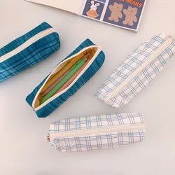 Lattice Canvas Pencil Case - Lovely Grid Fabric Pen Bag for School Supplies