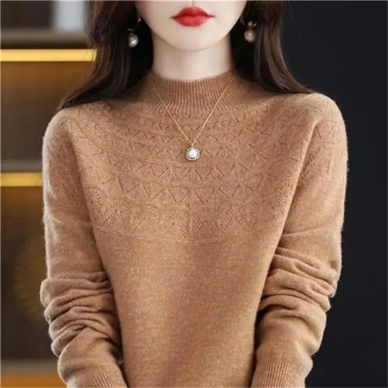 Women\'s New Cashmere Sweater Autumn Winter 100% Pure Wool Bottoming Shirts Knitted Pullover Hollowed-out Knitwear Soft Jumpers